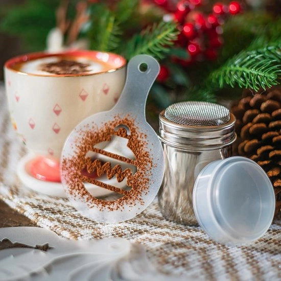 Set di regalo per la festa della cioccolata calda - 8 stampe di caffè - scuotitore di cacao in metallo - diversi modelli - ideale regalo per Natale - set di caffè