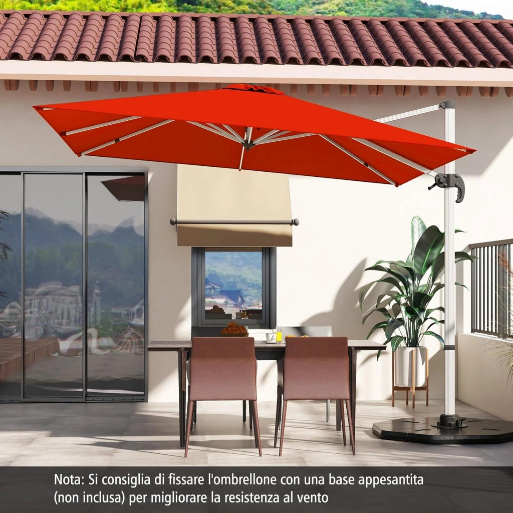 Ombrellone da Giardino, con Base Incrociata, Ombrellone Quadrato da Esterno con Palo in Alluminio e Girevole a 360°, Manovella e Inclinazione Regolabile, 300 x 300 cm (Arancione)