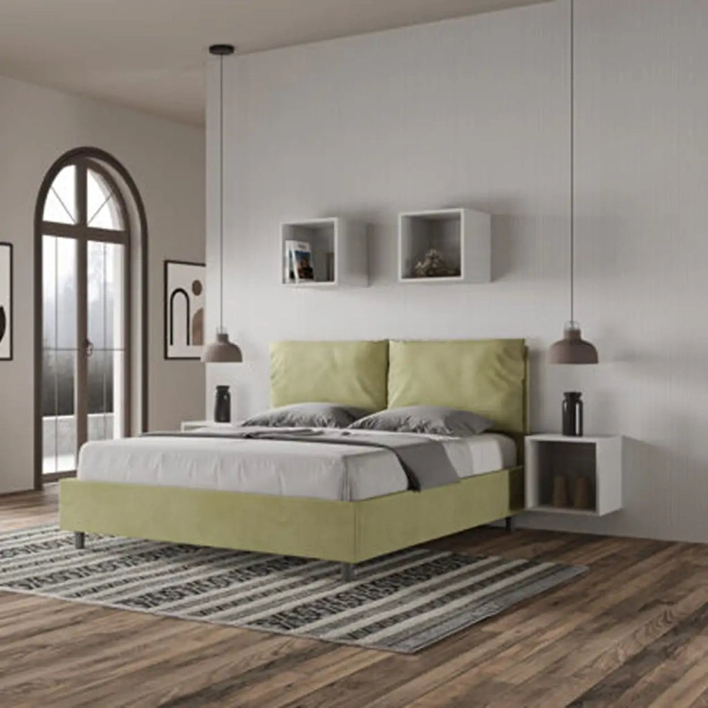 Letto matrimoniale con rete imbottito 160x190 microfibra tè verde Antea