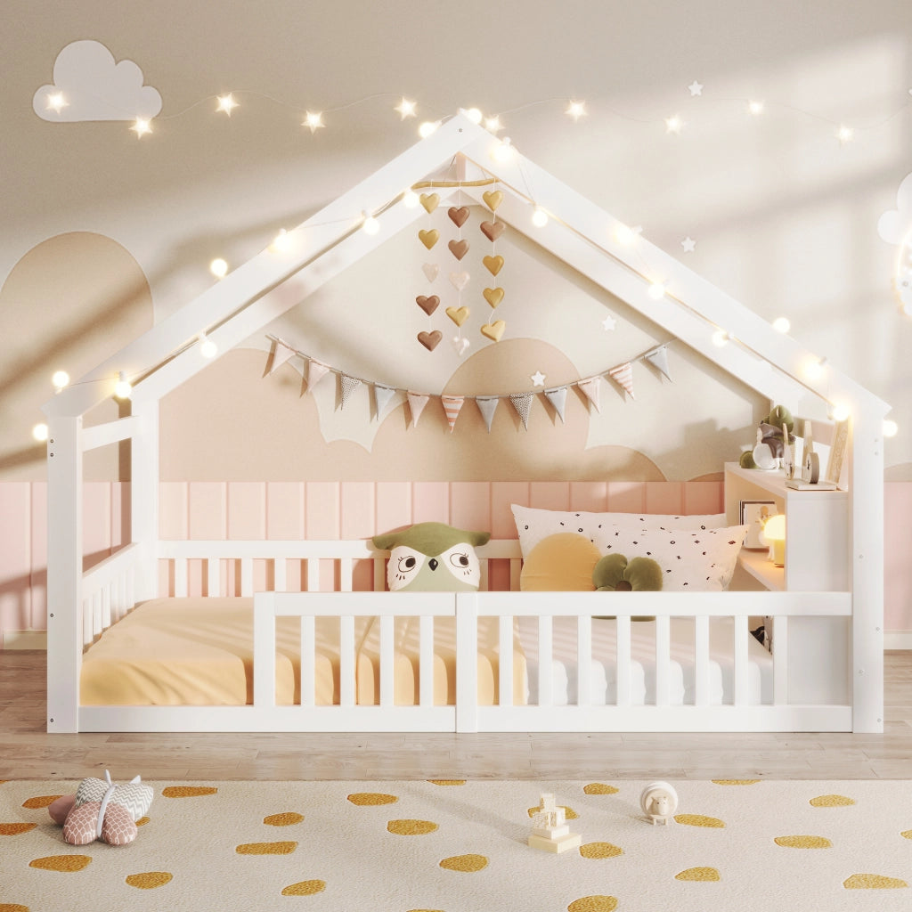 OKWISH Letto a Casetta 90×190 cm, Letto Singolo con Spondine, Mensole e Lucine Decorative, senza Materasso, in Pino, Bianco