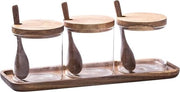 Set di contenitori per spezie con ciotole - vaso di spezie in vetro - cucchiaio in legno - coperchio e cucchiaio per coperchio - contenitore per zucchero e sale con cucchiaio per coperchio