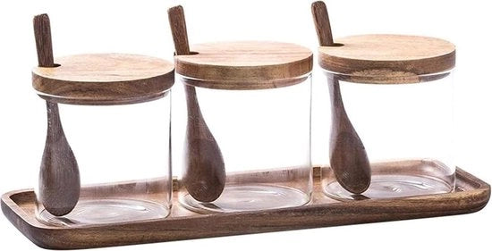 Set di contenitori per spezie con ciotole - vaso di spezie in vetro - cucchiaio in legno - coperchio e cucchiaio per coperchio - contenitore per zucchero e sale con cucchiaio per coperchio