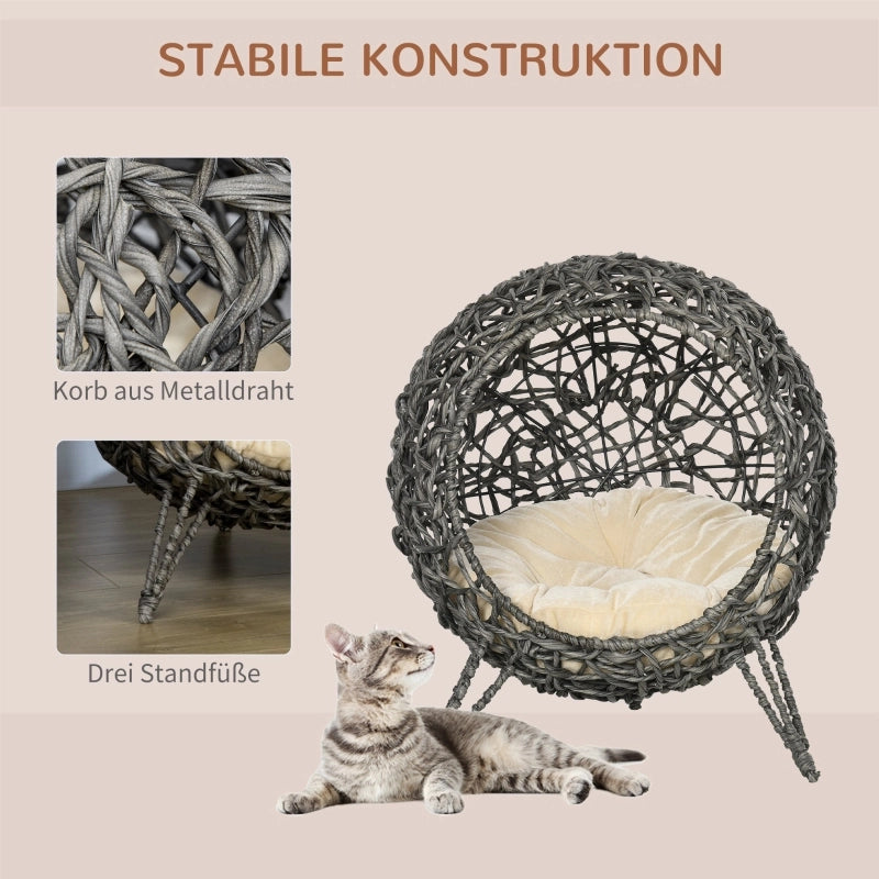 Casetta per gatti in rattan con cuscino, cuccia, grotta per gatti con piedini rialzati, grigio argento, ?52 x 58 cm