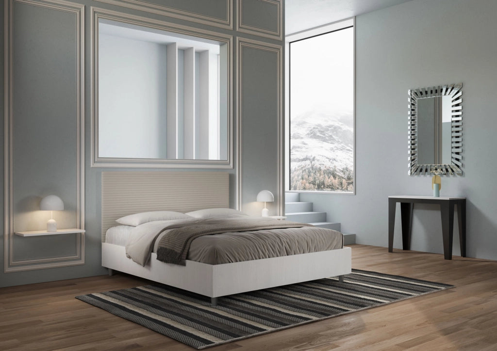 BS COM Letto matrimoniale con rete 160x200 bianco frassino testata similpelle tortora