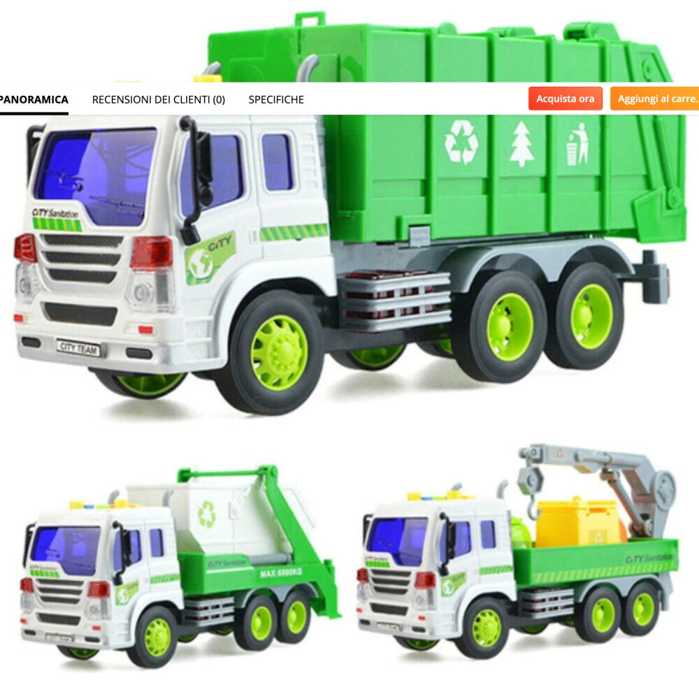 Trade Shop - Camion Raccolta Rifiuti Con Luci E Suoni Cassone Ribaltabile Funzioni Reali -