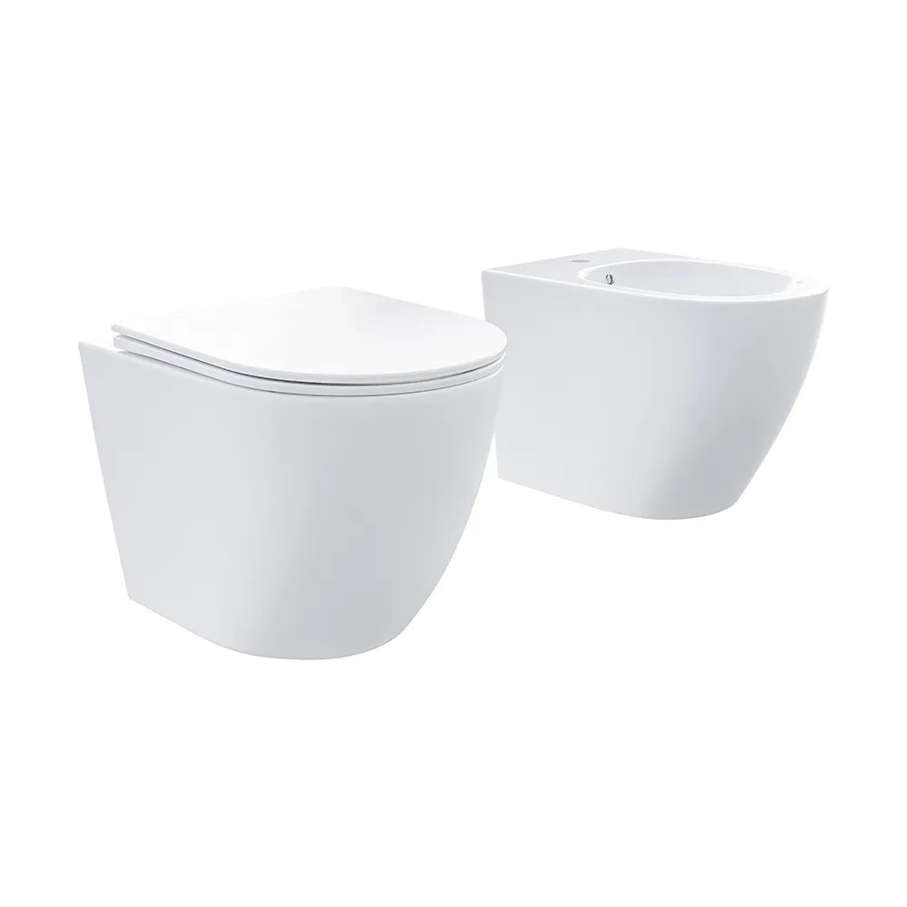 Coppia di sanitari sospesi in ceramica bianco lucido vaso rimless con copriwc soft-close e bidet | Europa Small