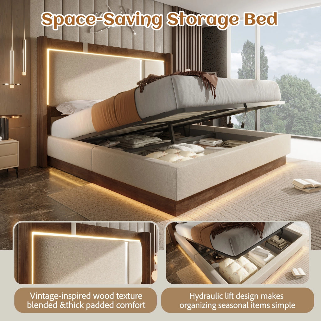 DESMIU Letto Contenitore 140 × 200 cm 2 Posti con LED, Contenitore Idraulico e senza Materasso, in Lino, Beige