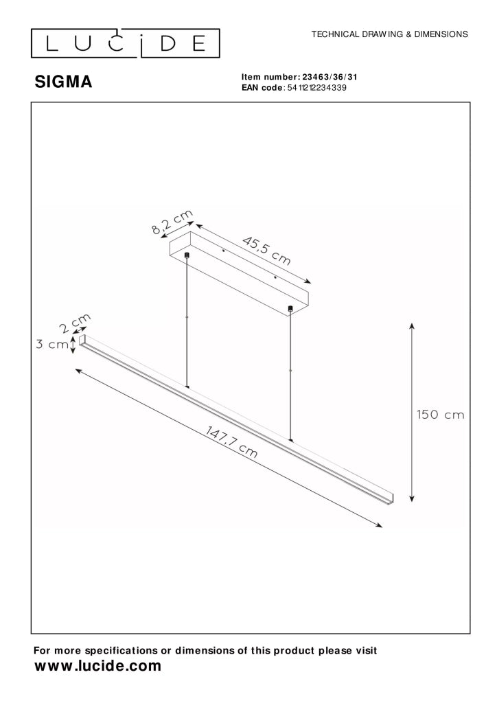 Lampada a sospensione bianca Sigma 148cm LED 36W Lucide