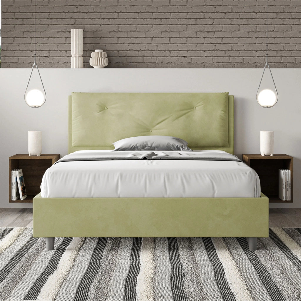 BS COM Letto matrimoniale francese contenitore imbottito 140x200 microfibra tè verde Large