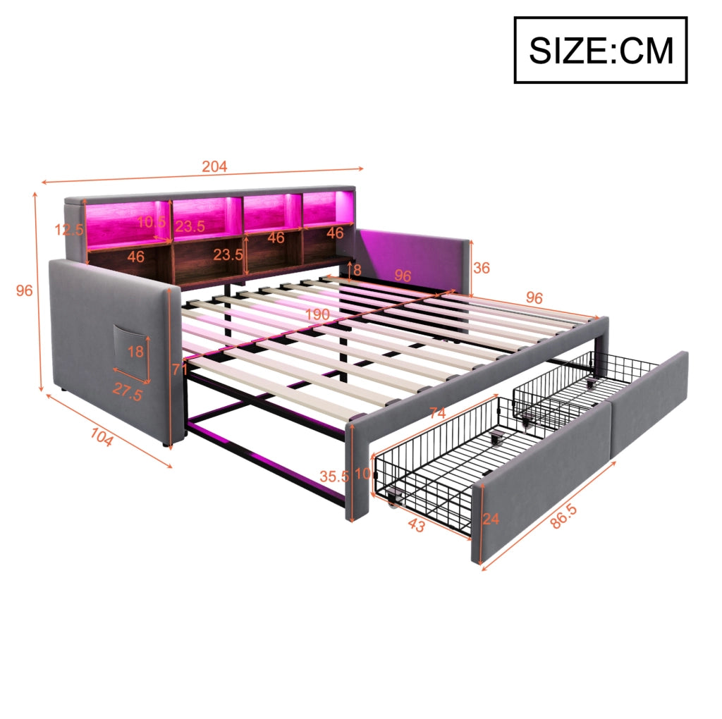 Letto imbottito estraibile 90x190 cm con contenitori, LED e prese