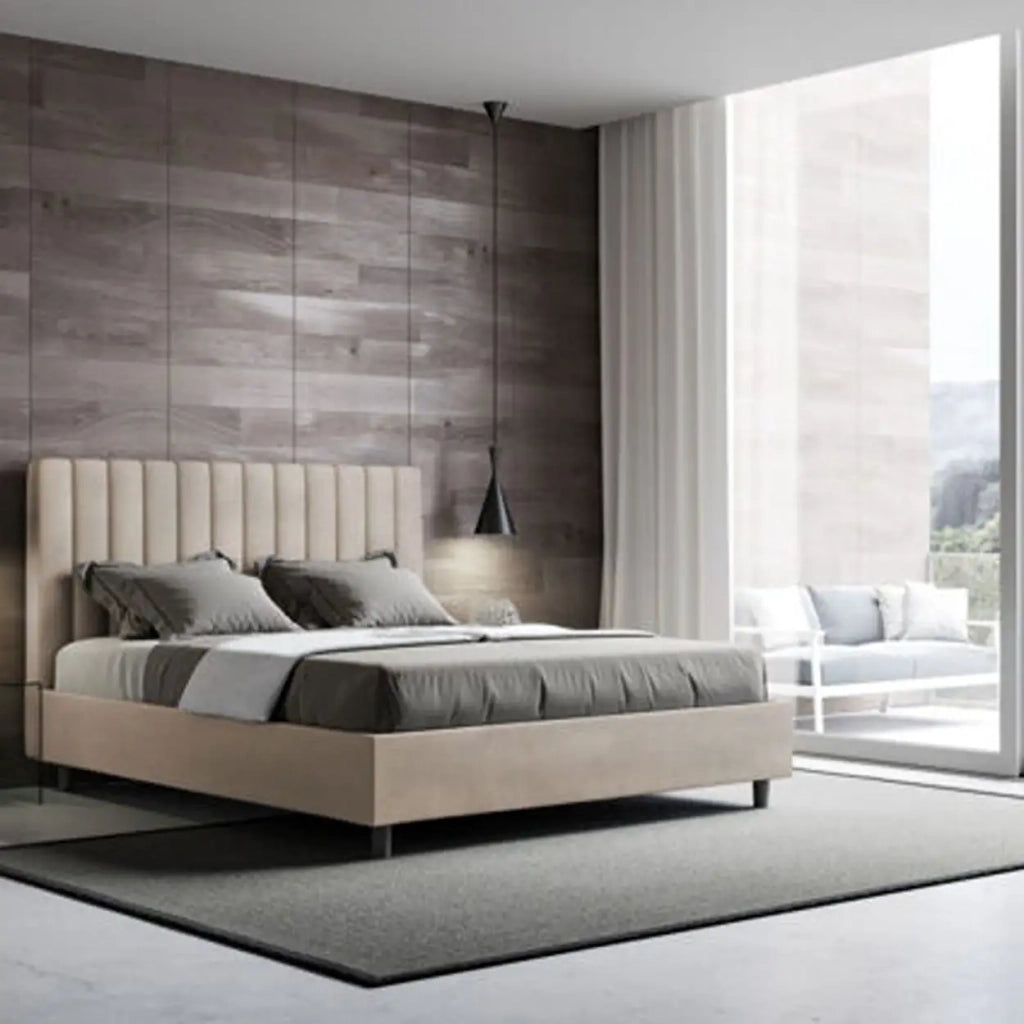Letto matrimoniale contenitore imbottito 160x210 microfibra sabbia Agueda