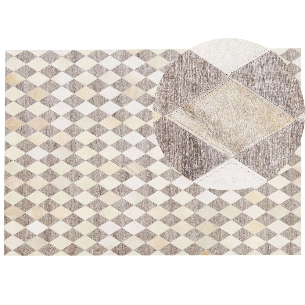 Tappeto tappetino Pelle di vacchetta jacquard marrone e beige Motivo geometrico a rombi Retro 160 x 230 cm