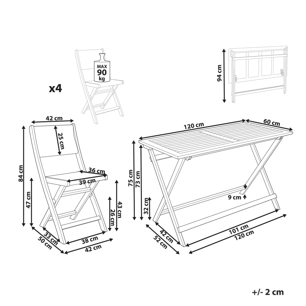 Set da pranzo da giardino Verde Tavolo in legno di acacia 120 x 60 cm 4 sedie da esterno