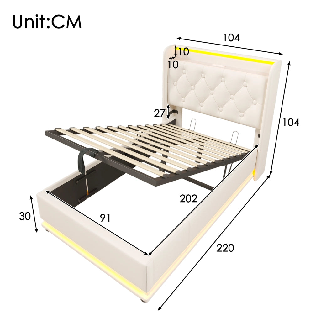 Letto singolo imbottito con LED a 360°; contenitore idraulico; testiera con porta USB/Tipo-C; PU bianco; 90x200 cm; materasso incluso