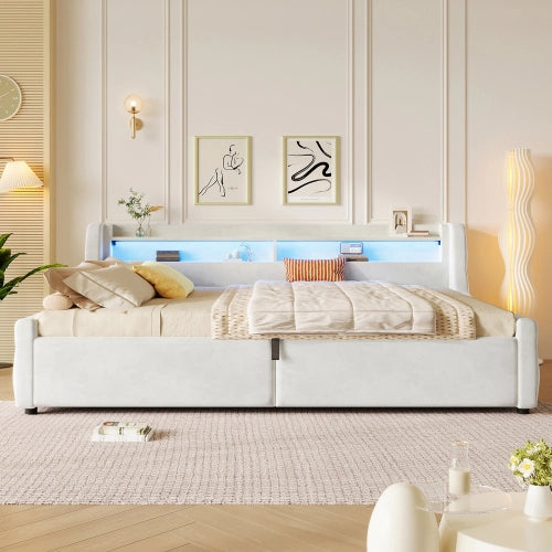 Letto imbottito con contenitore idraulico 140x200 cm LEMONMAX, LED multicolore, salvaspazio per cameretta e ospiti, MDF e tessuto, beige