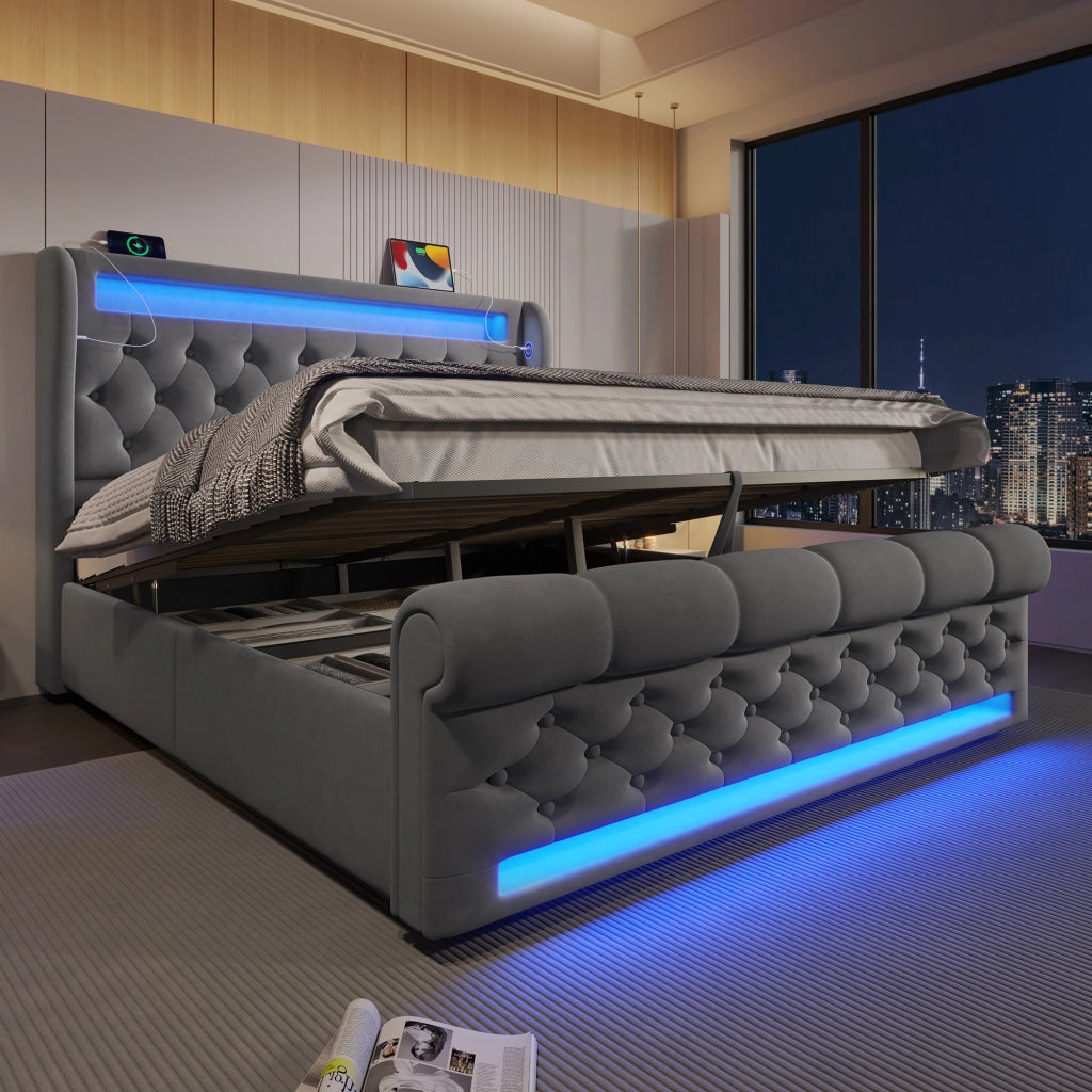 DESMIU Letto contenitore 140 × 200 cm 2 posti con LED, USB e Type C, senza materasso, in velluto, grigio