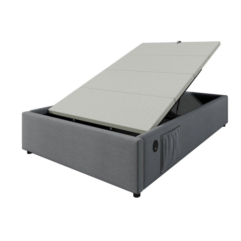 Letto imbottito 90x190 cm con contenitore, USB e Type-C, grigio