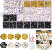Kralen per armbandi, polimeri a forma rotonda piatta, 4800 pezzi in bianco e nero, 6 mm, inclusi set di armbandi amici e lettere alfabeto in forma di kralen