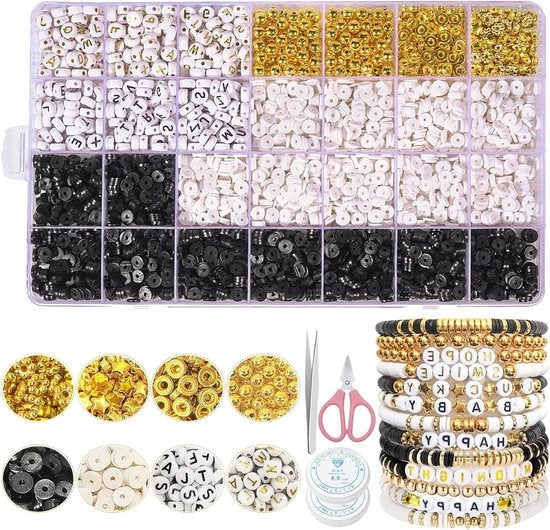 Kralen per armbandi, polimeri a forma rotonda piatta, 4800 pezzi in bianco e nero, 6 mm, inclusi set di armbandi amici e lettere alfabeto in forma di kralen