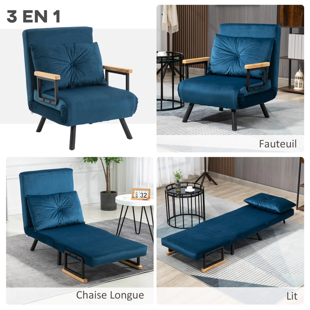 Poltrona letto 1 posto ¨C Minimal ¨C blu, legno, velluto