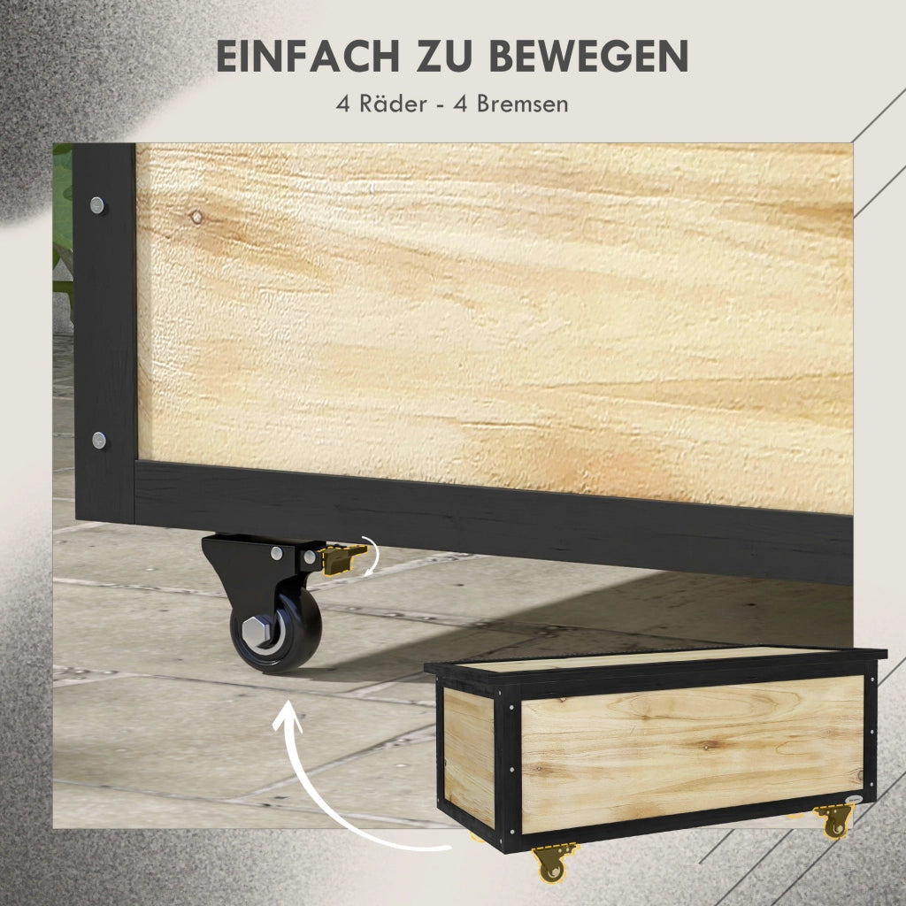 Mobile contenitore da esterno con coperchio e 2 ruote; in legno; per balcone e terrazza; 100×50×43 cm