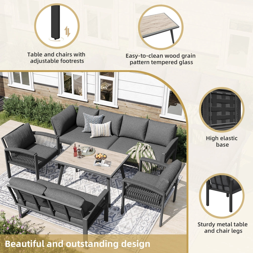 OKWISH Set da 6 Pezzi da Giardino con 1 Divano Grande, 2 Divani Piccoli, 2 Poltrone e 1 Tavolo, Metallo Legno Grigio