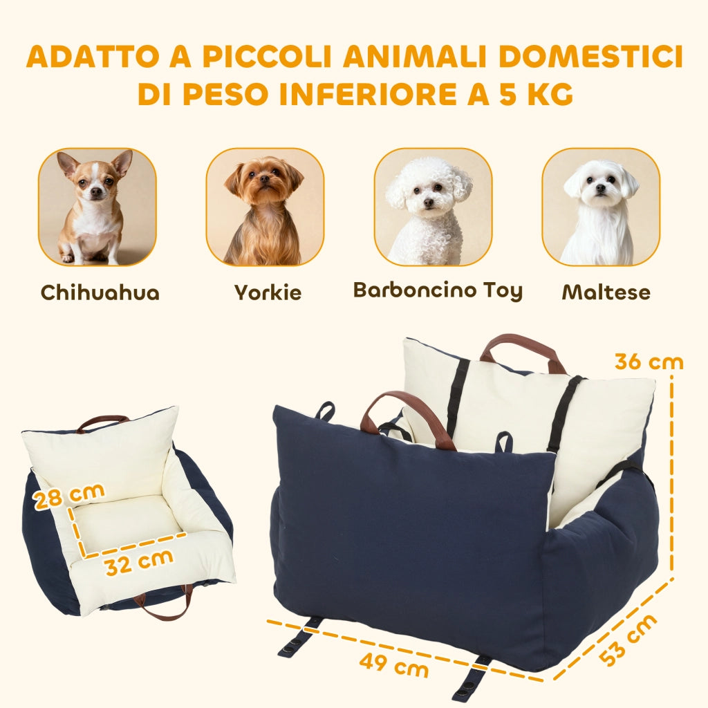 Seggiolino Auto per Cani Piccoli con Guinzaglio di Sicurezza. Sfoderabile e Lavabile. Blu