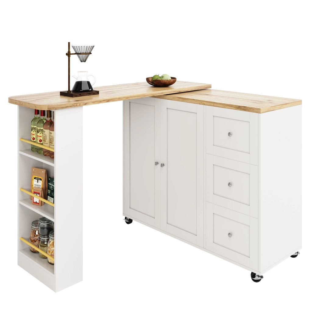 Tavolo rotante multifunzionale - Zephmum - 135-203x39x106 cm - Bianco - 3 cassetti e portasnack