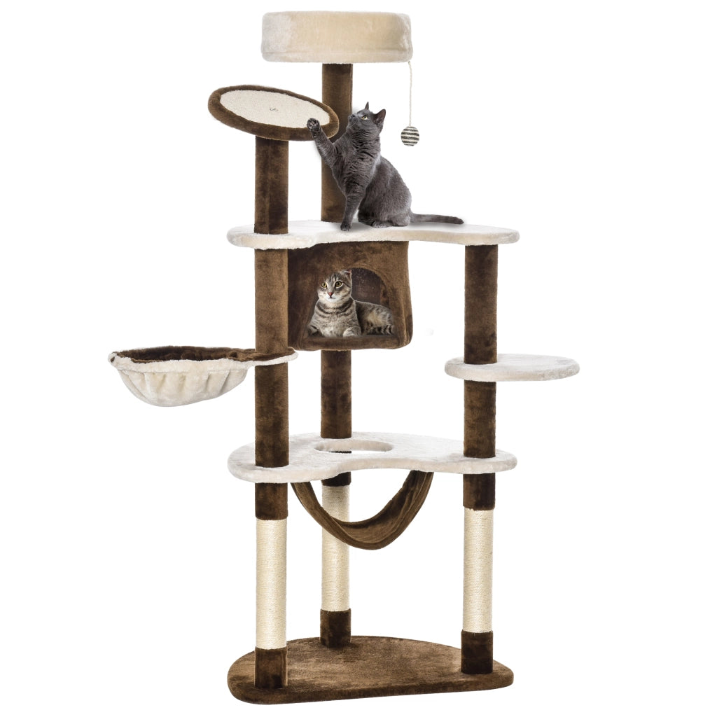 Tiragraffi XXL per gatti, alto 153 cm, con cuccia, amaca e albero per arrampicarsi, in morbido tessuto marrone per giocare e rilassarsi.
