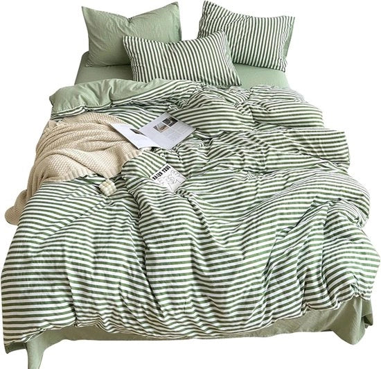 Set di coperte 100% poliestere con chiusura a righello - strisce verdi - modello 1 - coperta da letto 180 x 220 cm - lenzuolo 230 x 250 cm - 2 cuscini 48 x 74 cm