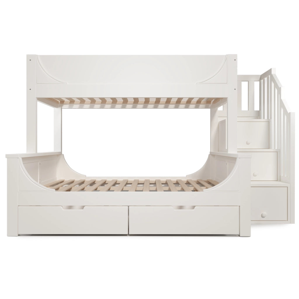 Letto a castello per bambini bianco con scala contenitore, cassetti e rete a doghe, 90x200/140x200 cm