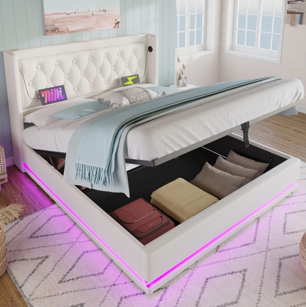 Letto contenitore 180x200 cm in PU bianco con LED e USB Tipo-C