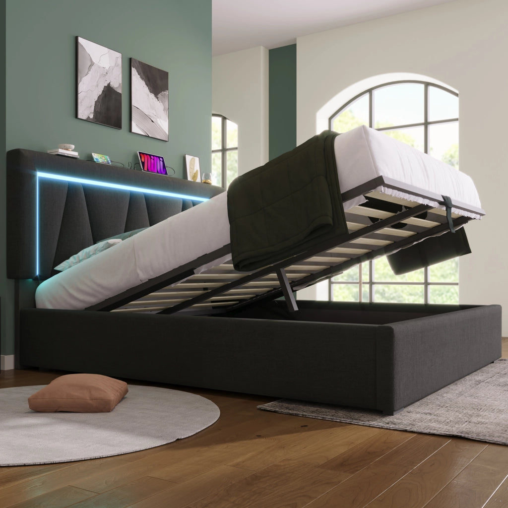 Letto contenitore matrimoniale 140×200 cm con testiera regolabile; USB; Type-C; LED; materasso incluso; grigio