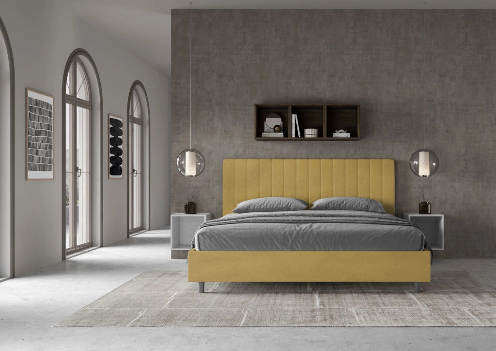 BS COM Letto matrimoniale king size con rete imbottito 190x190 microfibra ocra