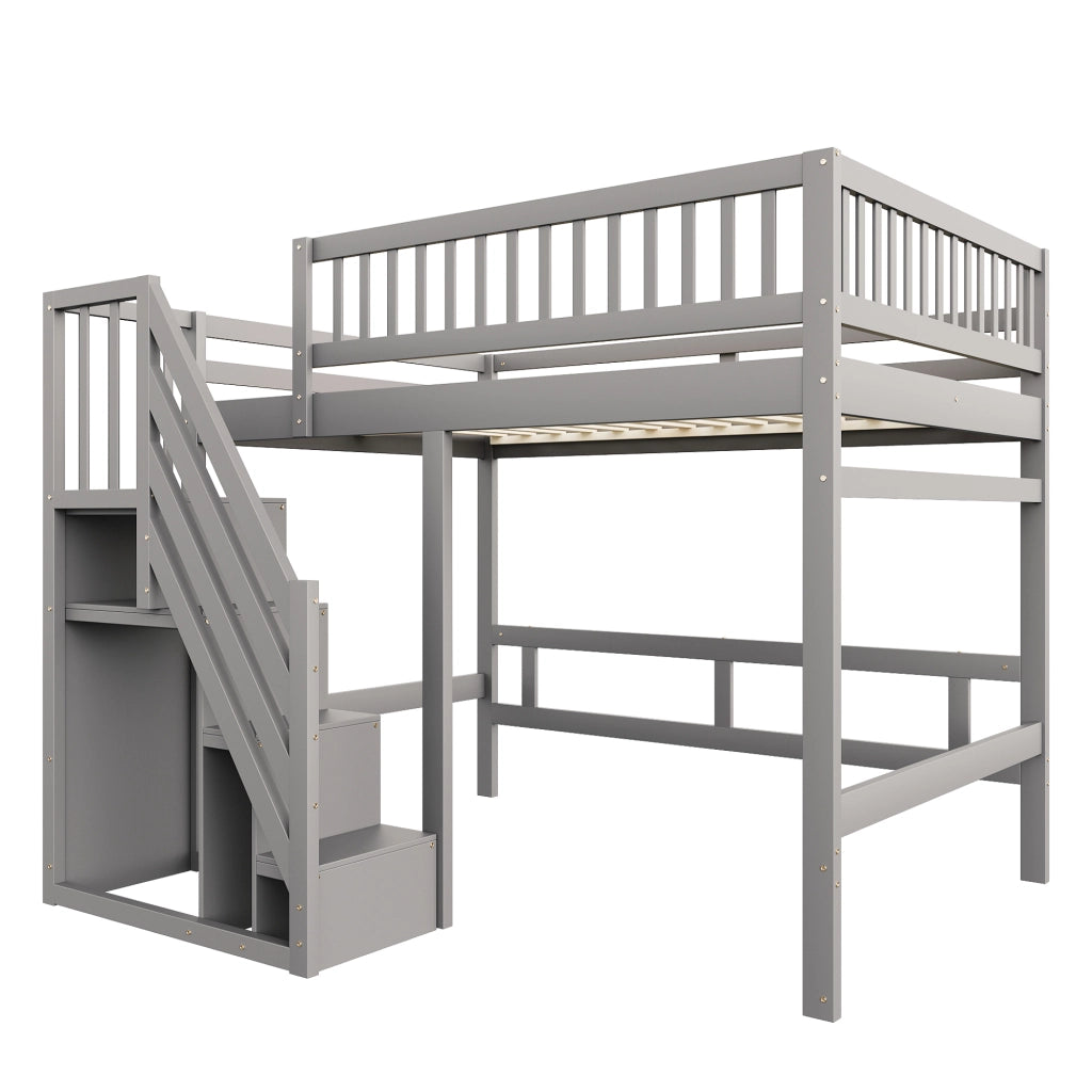 Letto a soppalco in legno massello con scala contenitore e recinzione alta; grigio; 140x200 cm; senza materasso
