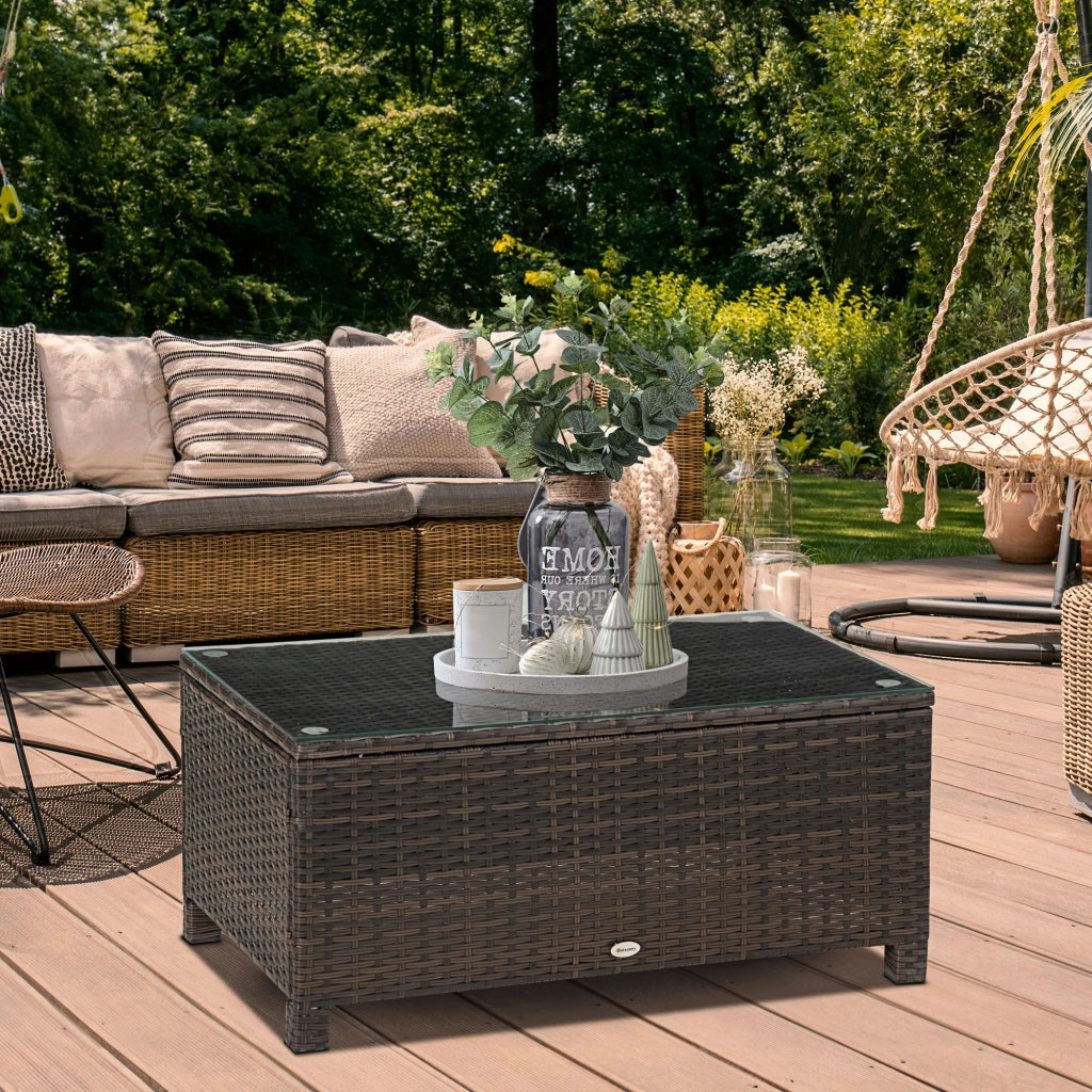Tavolino da Giardino Esterno Rattan Sintetico ¨C Xylo ¨C Piano Vetro Temperato Marrone 85x50x39cm