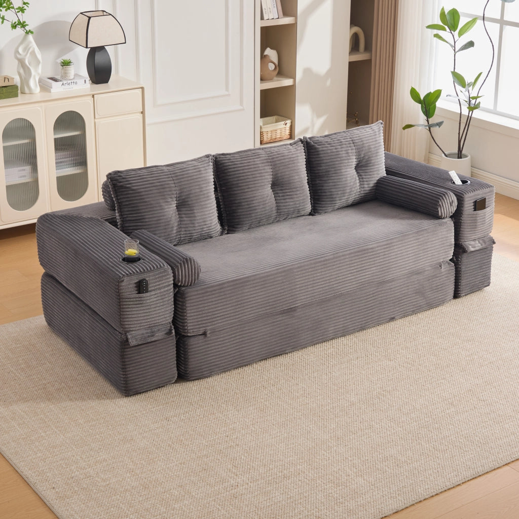 Divano Letto 3 Posti con Cuscini e Portabicchieri ¨C MINIMAL ¨C Tessuto a Coste