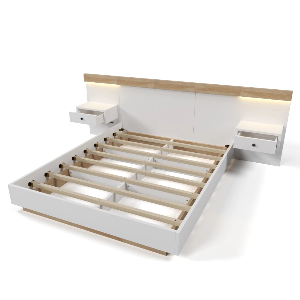 Letto Matrimoniale 160x200 cm; 2 Posti con 2 Comodini LED; USB e Type-C Bianco e Rovere