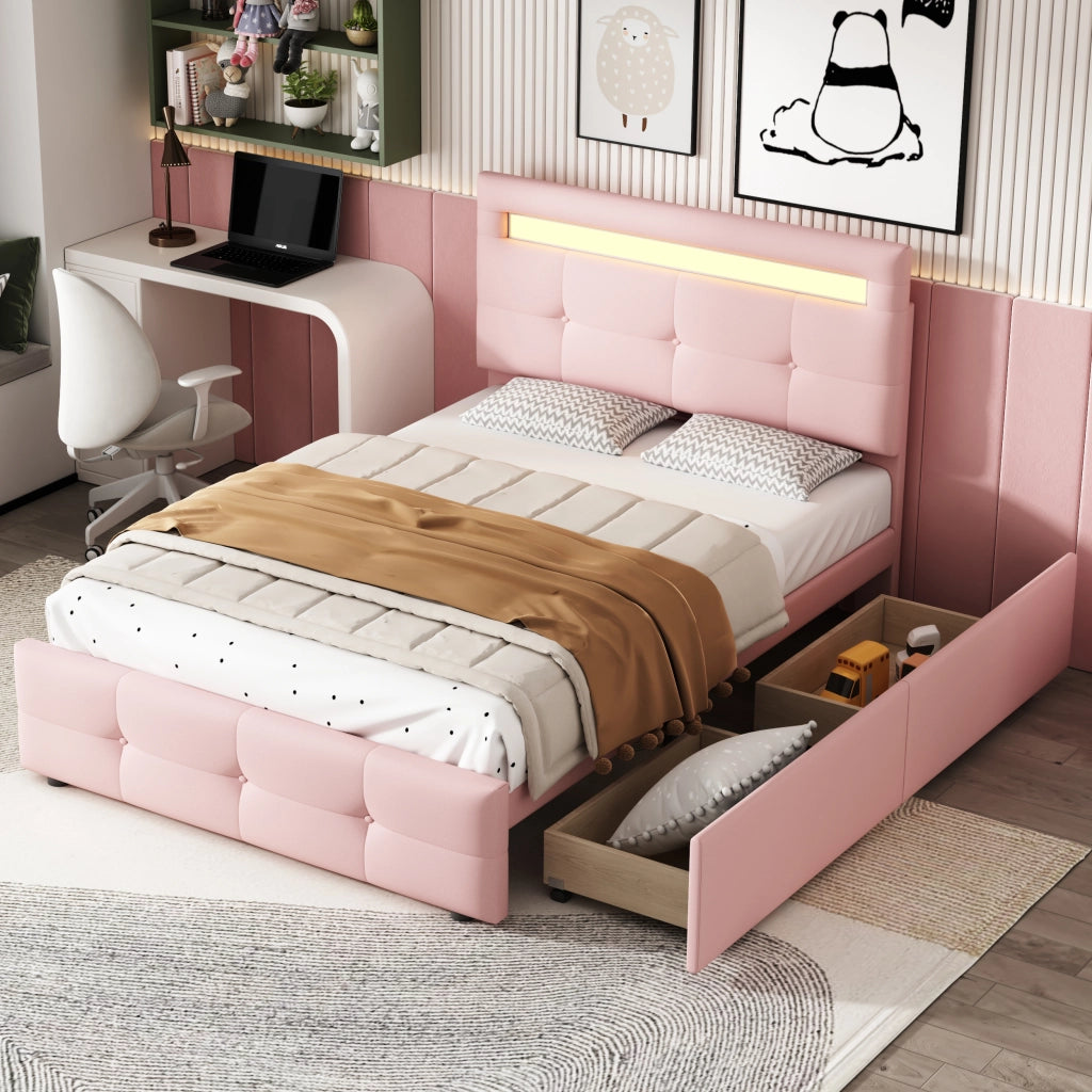 LETTO 90x200 cm Rosa con LED e 2 cassetti