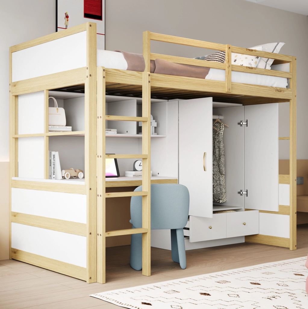 Letto a soppalco 90x200 cm con scrivania, armadio e cassetti