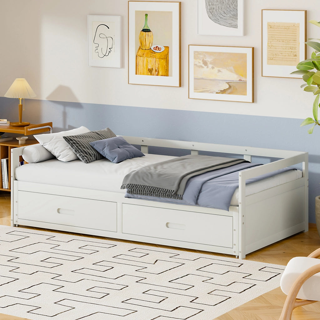 Letto Singolo Estraibile con Cassetti e Doghe ¨C MINIMAL ¨C Pino Bianco 90x200 cm