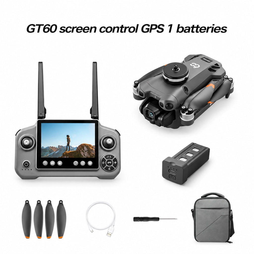 Drone pieghevole con telecamera GT60 720P GPS 1 batteria 3.7V 2650mAh 20 min schermo 4.3 evitatore ostacoli 245g gimbal 90 gradi 5G 12+ EIS borsa 6 CH