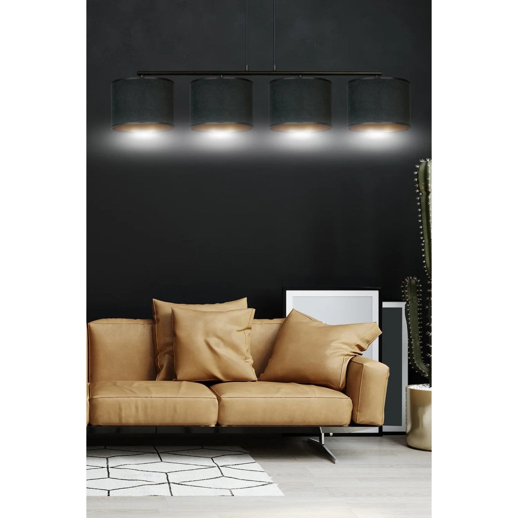 Lampadario 4 Luci Ganesha In Acciaio Nero E Paralumi In Tessuto Nero