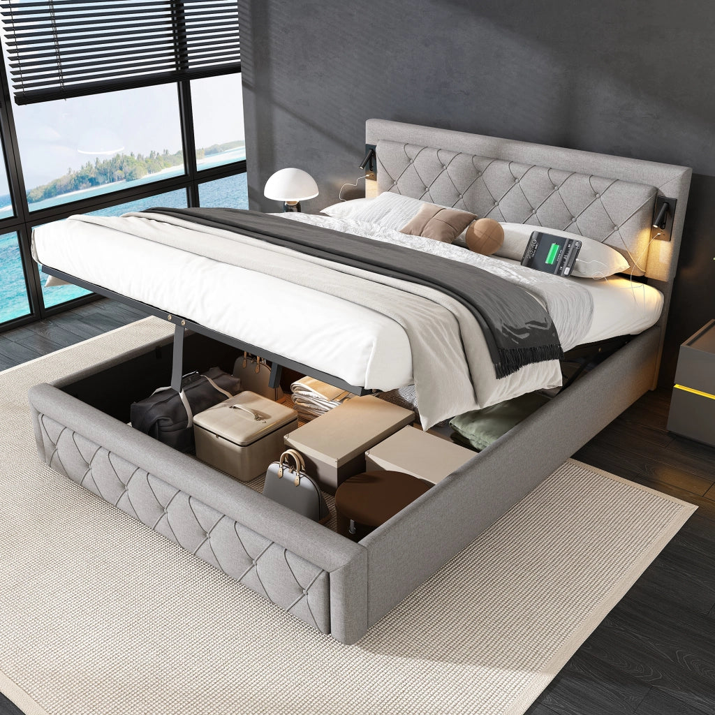 LETTO imbottito 160x200 cm in lino grigio con downlight e porte USB