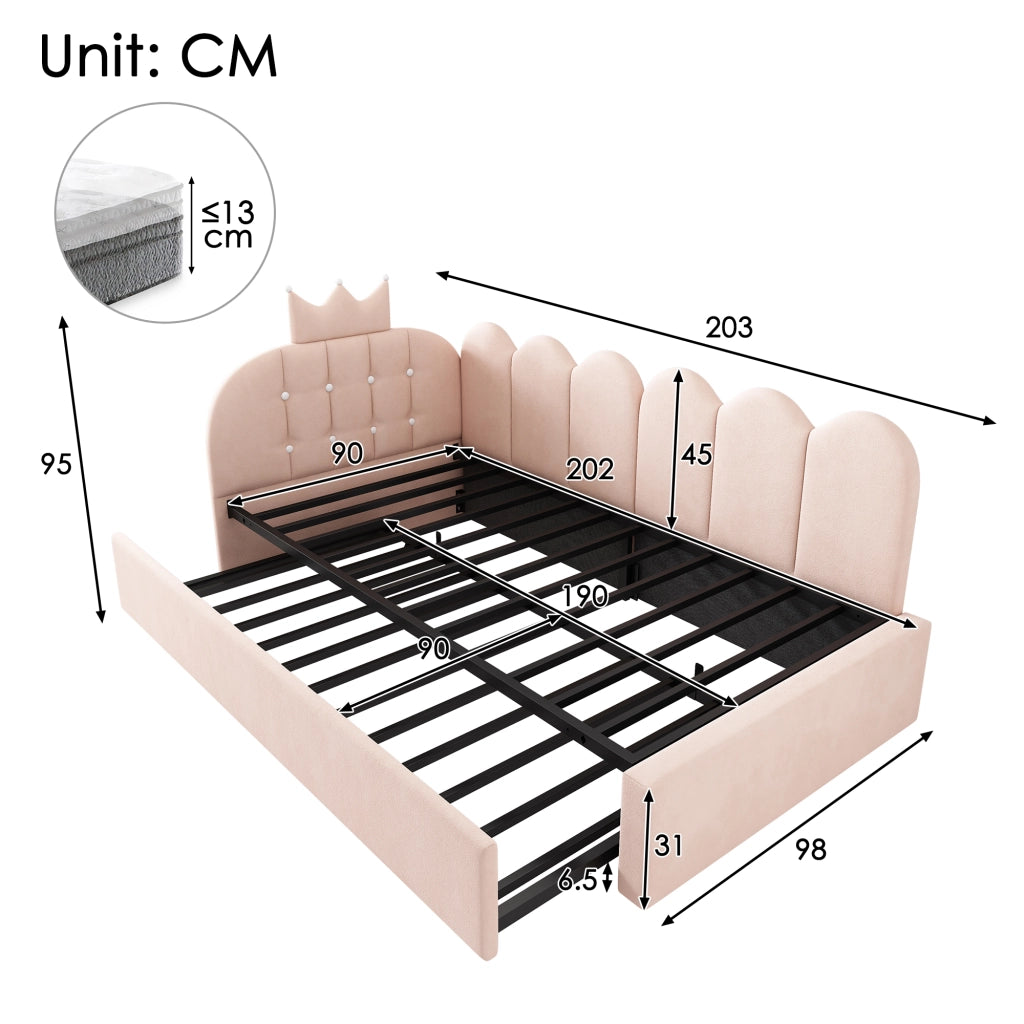 DESMIU Lit simple 90 × 200 cm con letto estraibile, design corona e griglia, senza materasso, in velluto, rosa