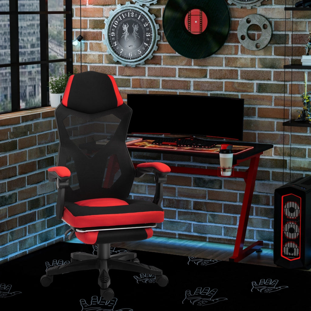 Sedia da gaming, sedia ergonomica da scrivania con poggiapiedi, regolabile in altezza, in poliestere, nero/rosso, 58 x 72 x 112-122 cm, per ufficio e