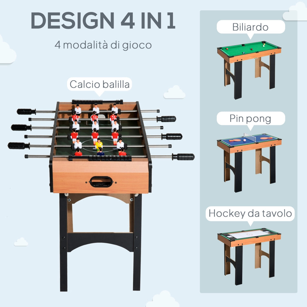 Tavolo Multigioco 4 in 1 con Calcio Balilla. Hockey da Tavolo. Ping Pong e Biliardo in MDF. 92x78x80cm