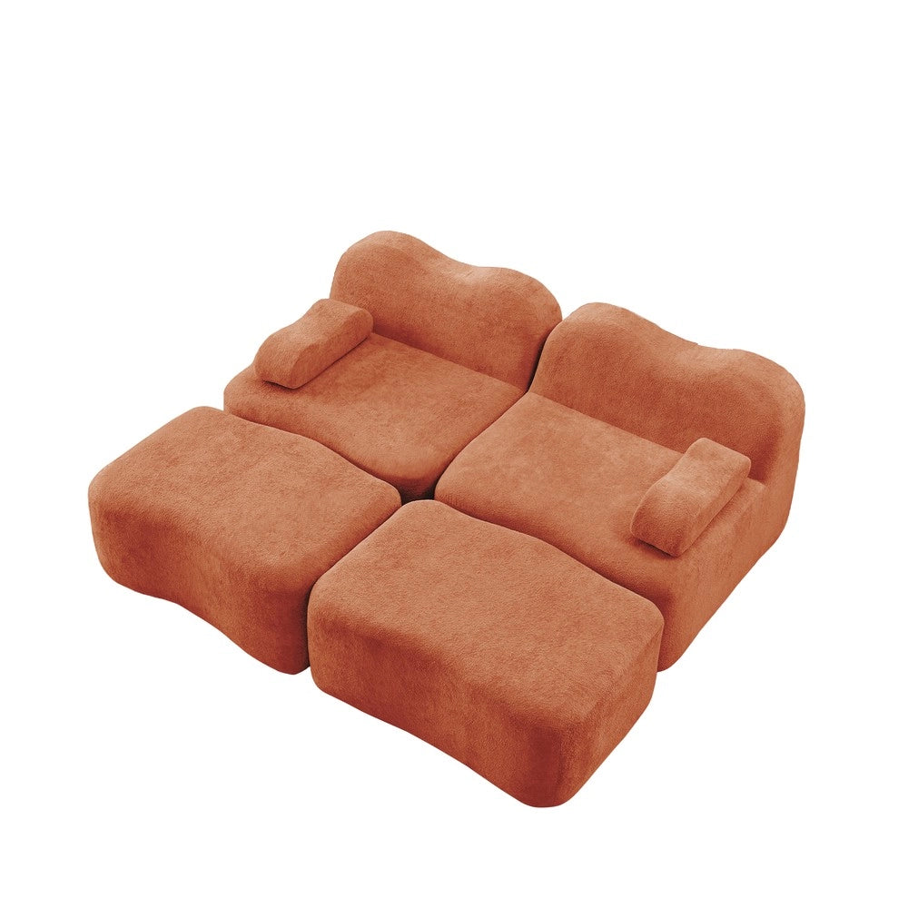 Divano Modulare 2 Posti con 2 Ottoman ¨C Xylo ¨C Arancione, Braccioli Mobili, Schiuma Alta Densit¨¤