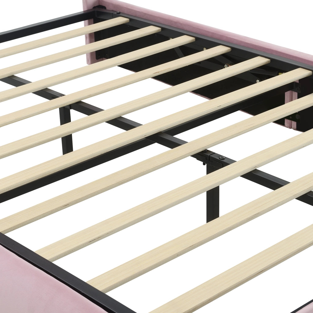 LETTO Imbottito idraulico 140x200 cm velluto rosa con contenitore e 2 pouf