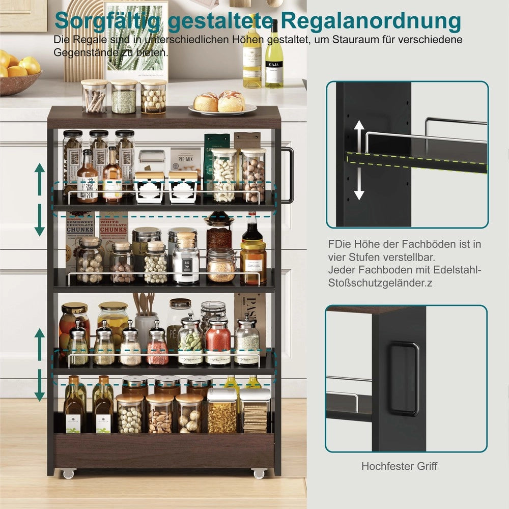 Carrello Portaoggetti Slim con Ruote ¨C Xylo ¨C Nero/Legno, 4 Ripiani, 55x20x85 cm